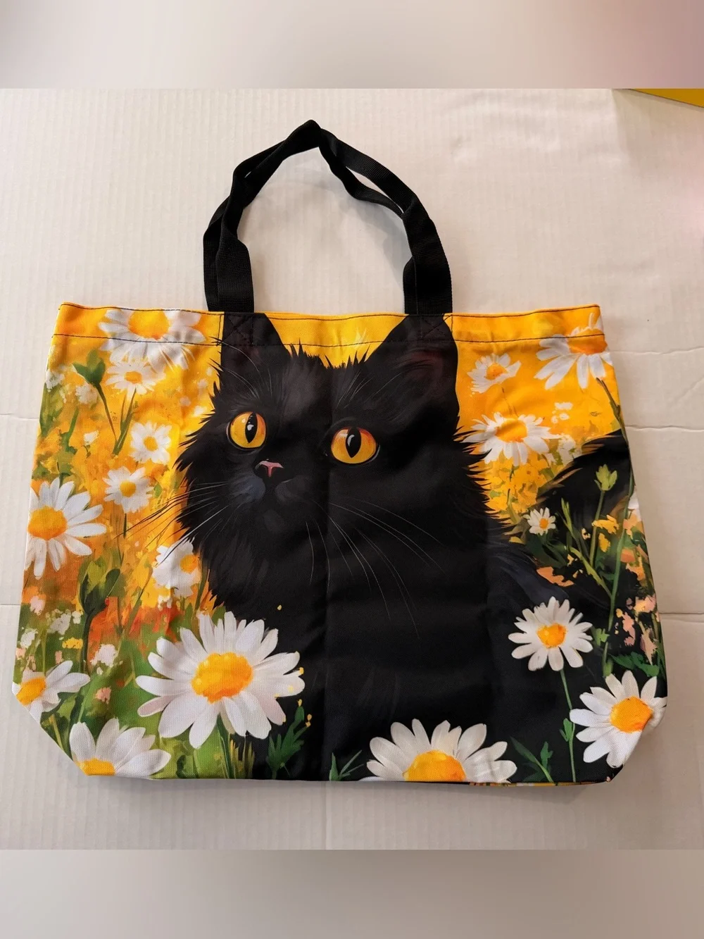 Black Cat Daisy Tote Bag Yellow Floral Canvas Tote